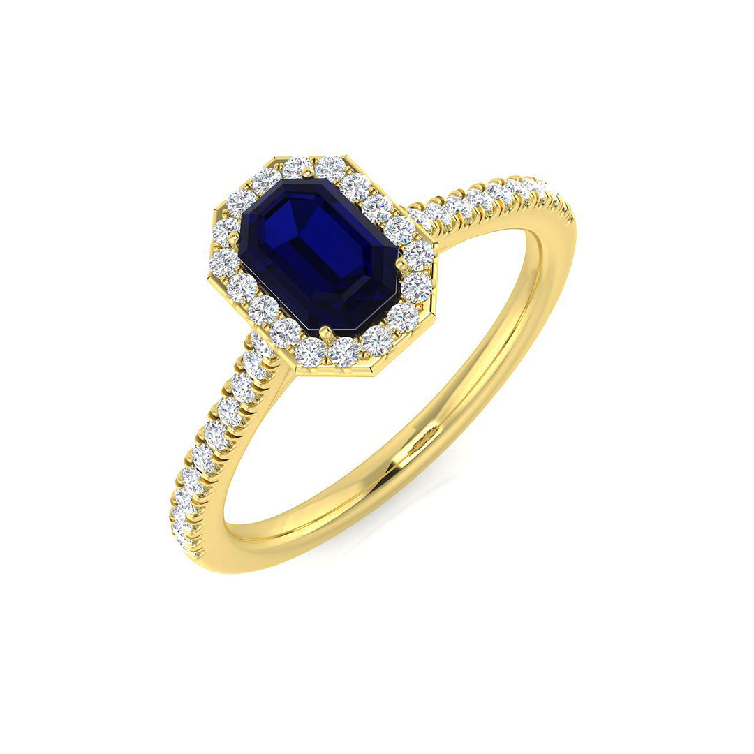 Emerald Cut Sapphire Halo Engagement Ring with Pave Band in 10K/14K gold and platinum with certified lab-grown or natural diamonds