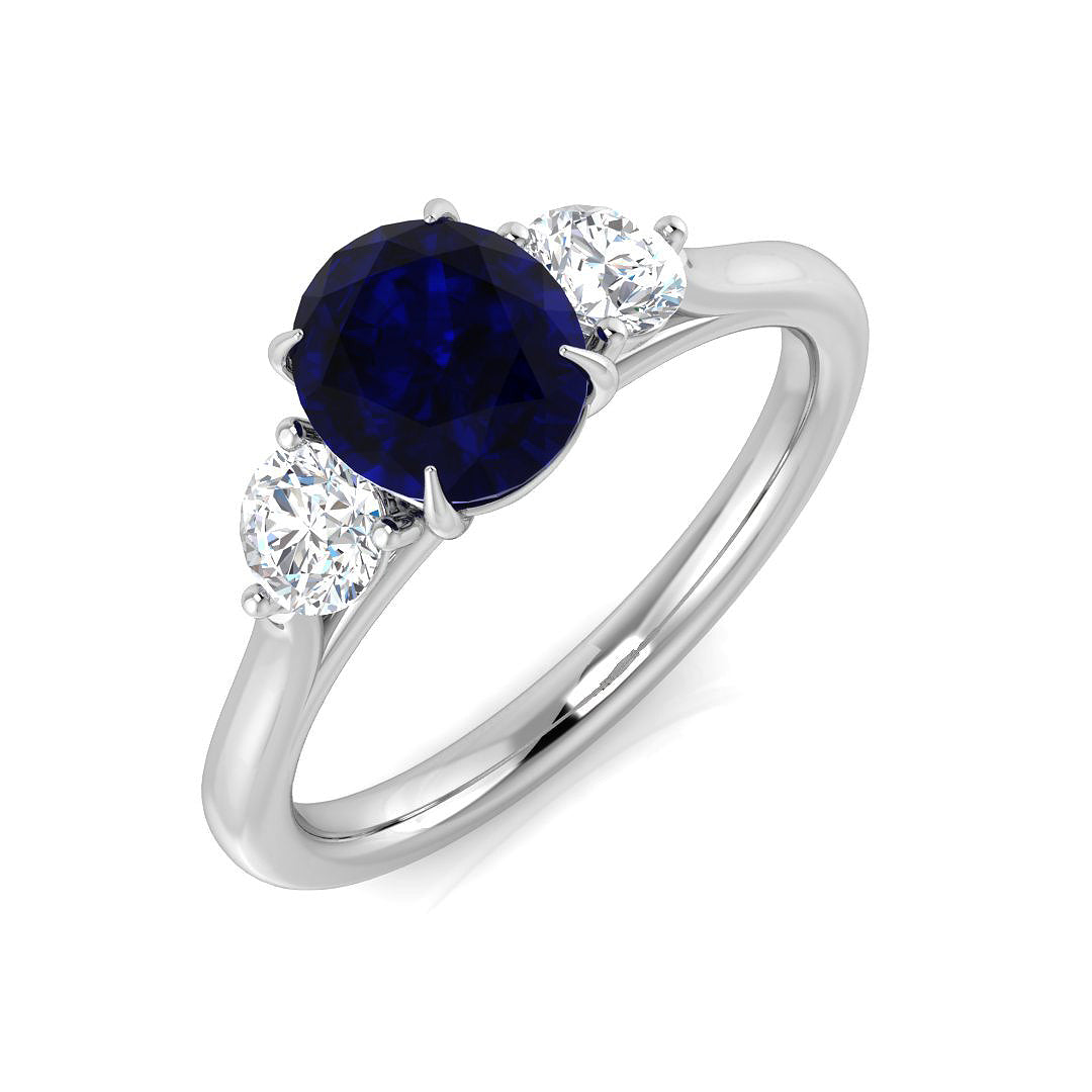 Round Cut Natural Diamond Three-Stone Ring with Oval Colour Gemstone in 10K/14K gold and platinum with certified lab-grown or natural diamonds
