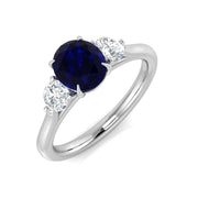 Round Cut Natural Diamond Three-Stone Ring with Oval Colour Gemstone in 10K/14K gold and platinum with certified lab-grown or natural diamonds
