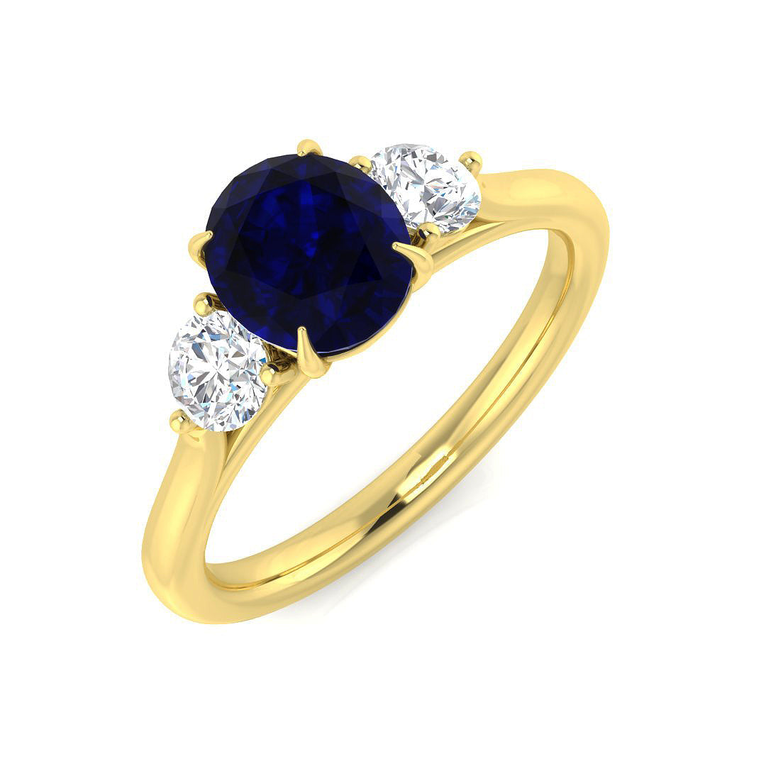 Round Cut Natural Diamond Three-Stone Ring with Oval Colour Gemstone in 10K/14K gold and platinum with certified lab-grown or natural diamonds