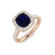 Cushion Cut Blue Sapphire Halo Diamond Engagement Ring in 10K/14K gold and platinum with certified lab-grown or natural diamonds