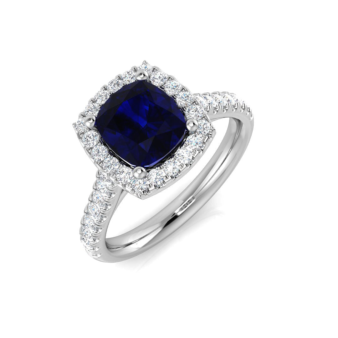 Cushion Cut Blue Sapphire Halo Diamond Engagement Ring in 10K/14K gold and platinum with certified lab-grown or natural diamonds