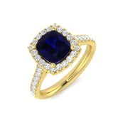 Cushion Cut Blue Sapphire Halo Diamond Engagement Ring in 10K/14K gold and platinum with certified lab-grown or natural diamonds