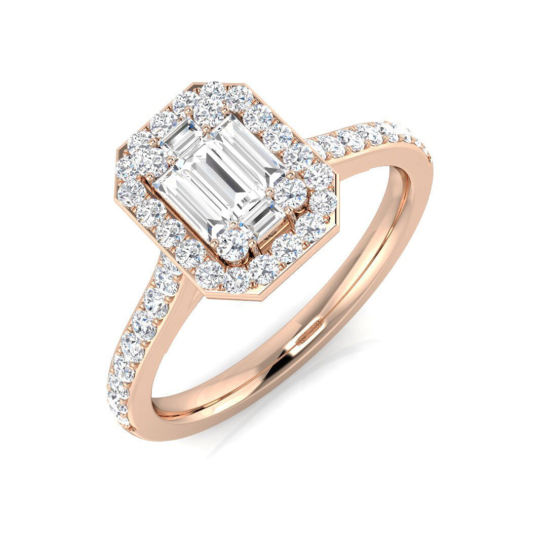 Baguette & Round Cut Diamond Halo Engagement Ring in Gold & in 10K/14K gold and platinum with certified lab-grown or natural diamonds