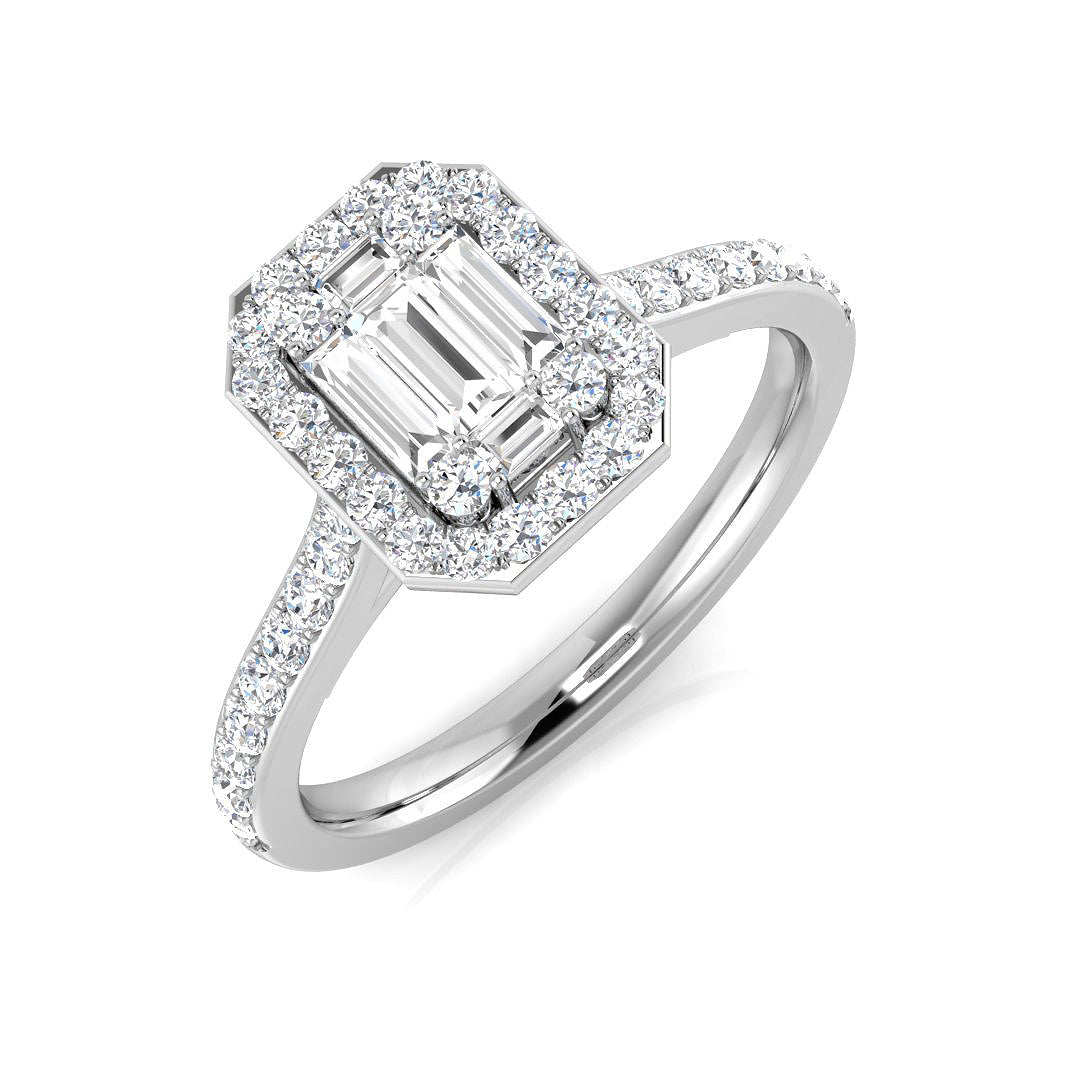 Baguette & Round Cut Diamond Halo Engagement Ring in Gold & in 10K/14K gold and platinum with certified lab-grown or natural diamonds
