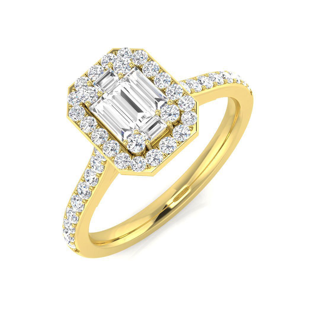 Baguette & Round Cut Diamond Halo Engagement Ring in Gold & in 10K/14K gold and platinum with certified lab-grown or natural diamonds