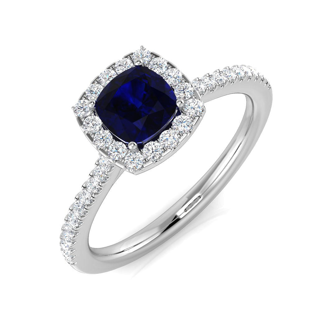 Cushion Cut Blue Sapphire Halo Ring with Natural Round Pave Band in 10K/14K gold and platinum with certified lab-grown or natural diamonds