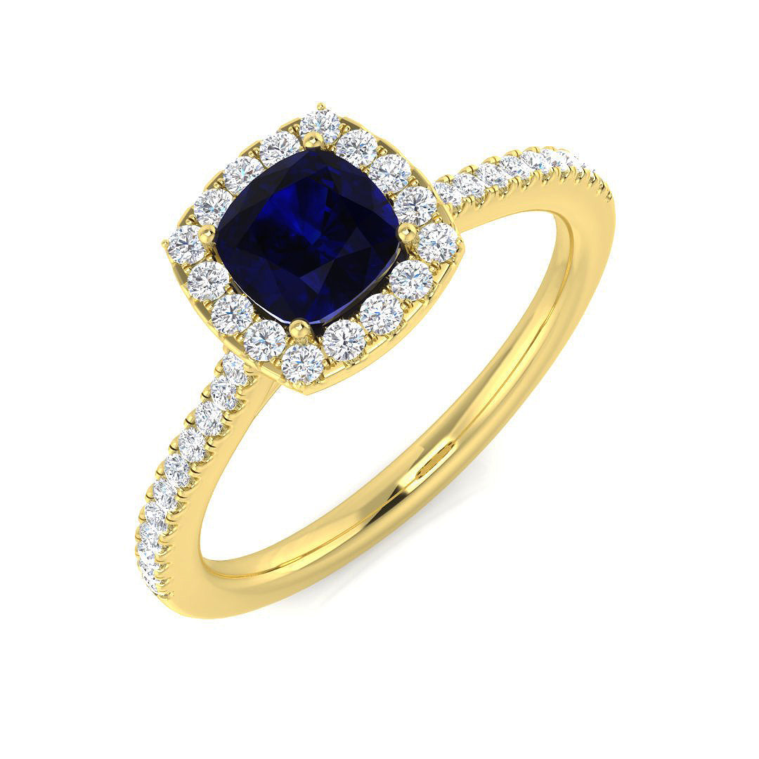 Cushion Cut Blue Sapphire Halo Ring with Natural Round Pave Band in 10K/14K gold and platinum with certified lab-grown or natural diamonds