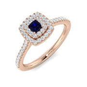 Princess Cut Blue Sapphire Double Halo Diamond Engagement Ring - UK Made in 10K/14K gold and platinum with certified lab-grown or natural diamonds
