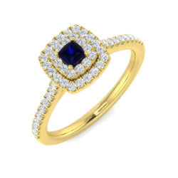 Princess Cut Blue Sapphire Double Halo Diamond Engagement Ring - UK Made in 10K/14K gold and platinum with certified lab-grown or natural diamonds
