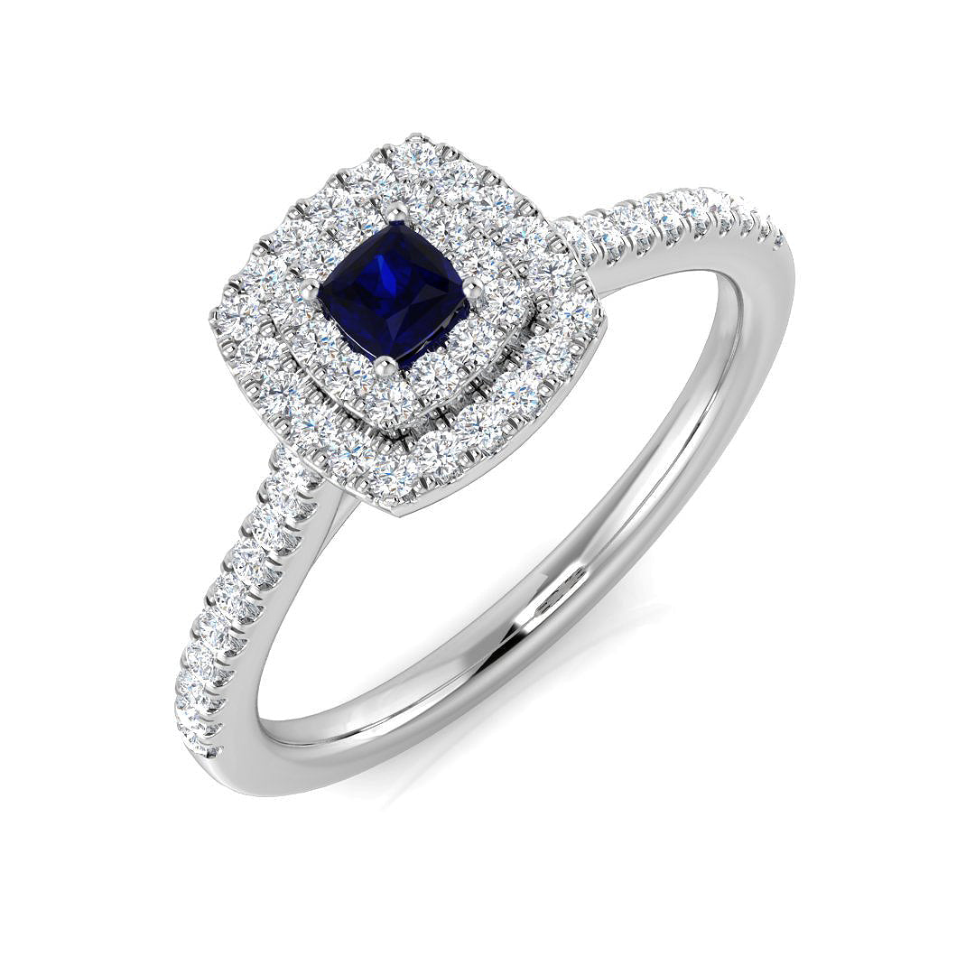 Princess Cut Blue Sapphire Double Halo Diamond Engagement Ring - UK Made in 10K/14K gold and platinum with certified lab-grown or natural diamonds
