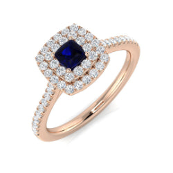 Cushion Cut Sapphire Halo Engagement Ring in 10K/14K gold and platinum with certified lab-grown or natural diamonds