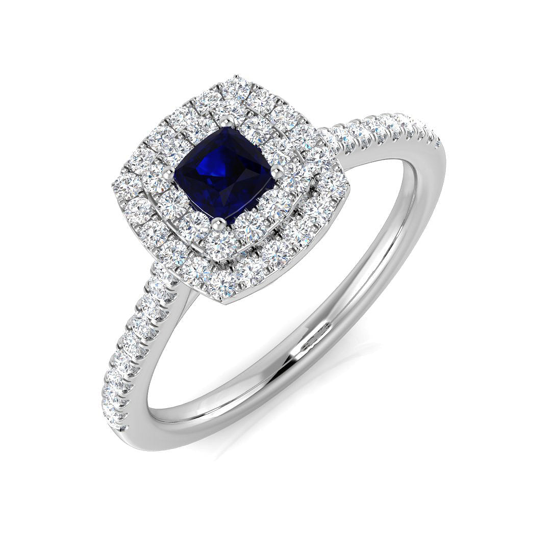 Cushion Cut Sapphire Halo Engagement Ring in 10K/14K gold and platinum with certified lab-grown or natural diamonds