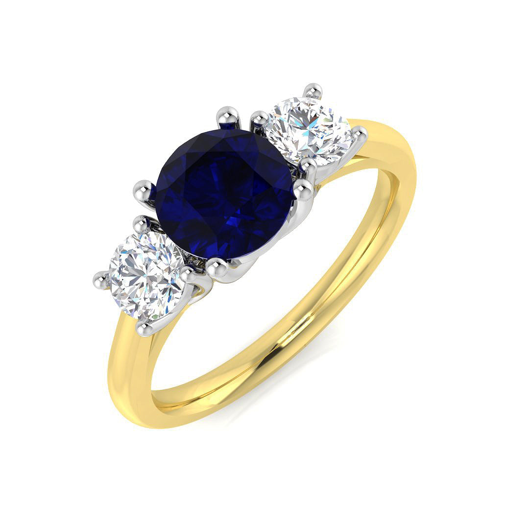 Round Blue Sapphire Three Stone Ring in 10K/14K gold and platinum with certified lab-grown or natural diamonds