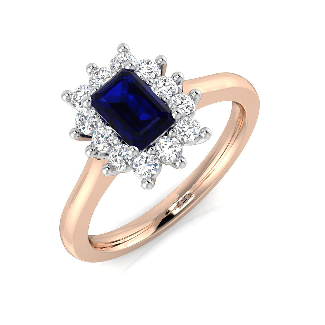 Blue Sapphire Diamond Halo Ring in 10K/14K gold and platinum with certified lab-grown or natural diamonds