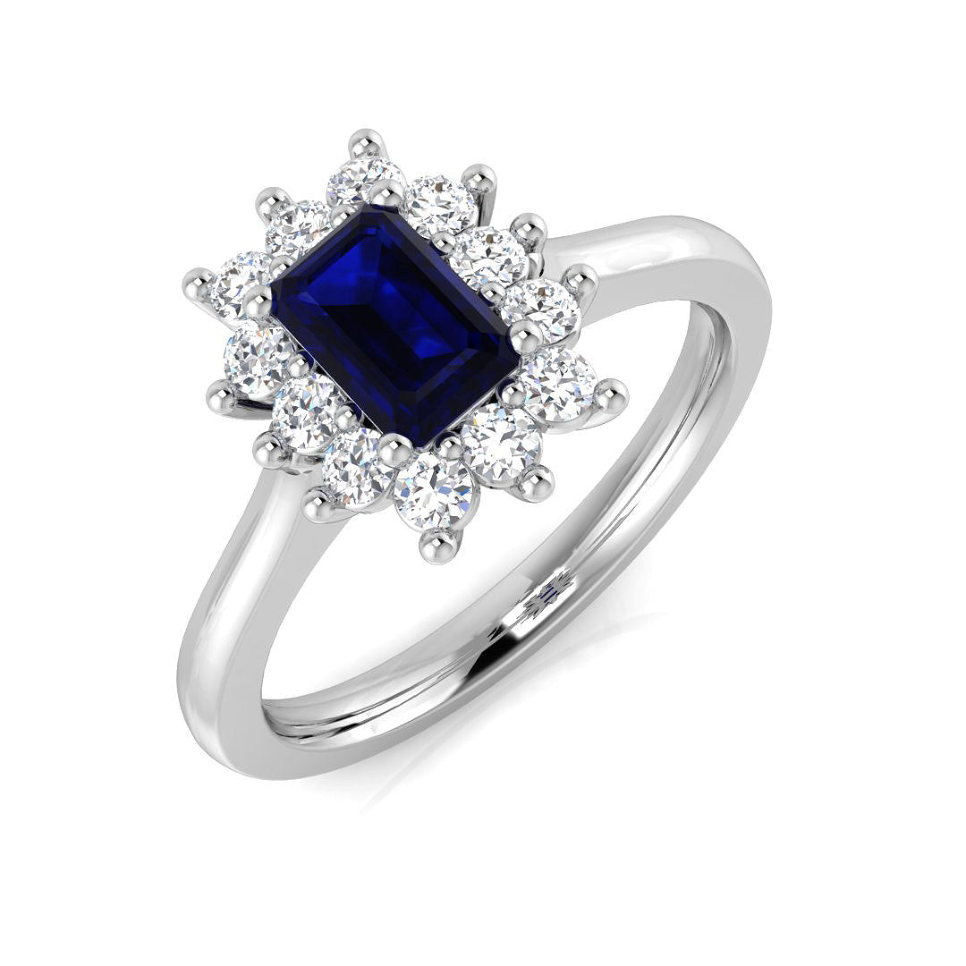 Blue Sapphire Diamond Halo Ring in 10K/14K gold and platinum with certified lab-grown or natural diamonds