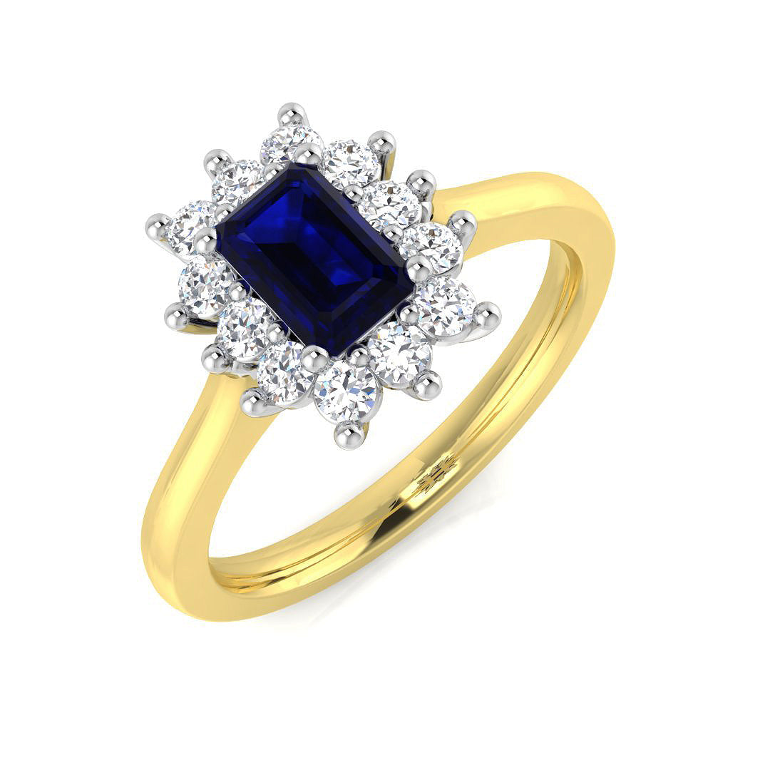Blue Sapphire Diamond Halo Ring in 10K/14K gold and platinum with certified lab-grown or natural diamonds