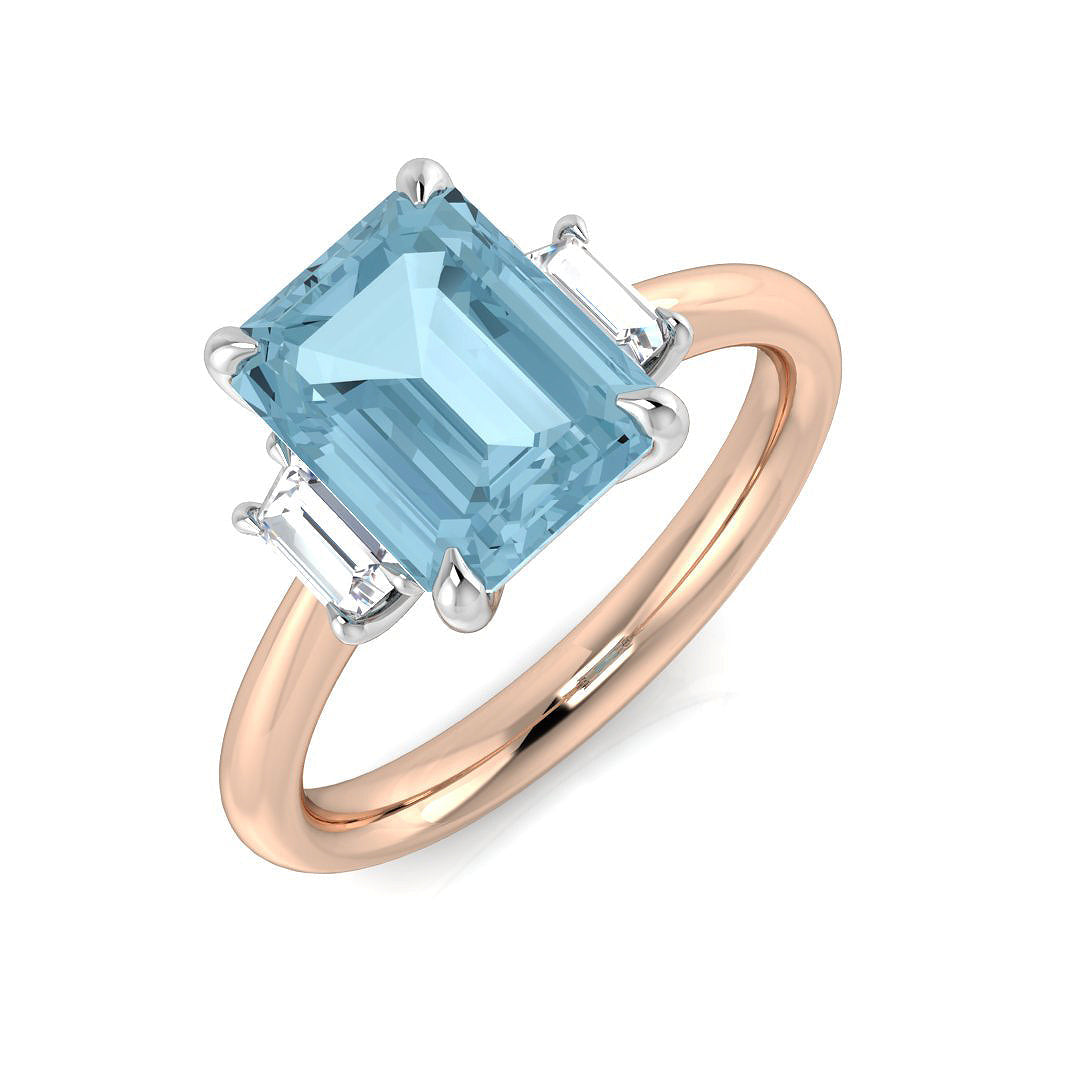 Emerald Cut Aquamarine Three Stone Ring with Baguette Diamonds in 10K/14K gold and platinum with certified lab-grown or natural diamonds