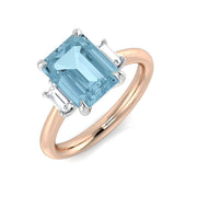 Emerald Cut Aquamarine Three Stone Ring with Baguette Diamonds in 10K/14K gold and platinum with certified lab-grown or natural diamonds