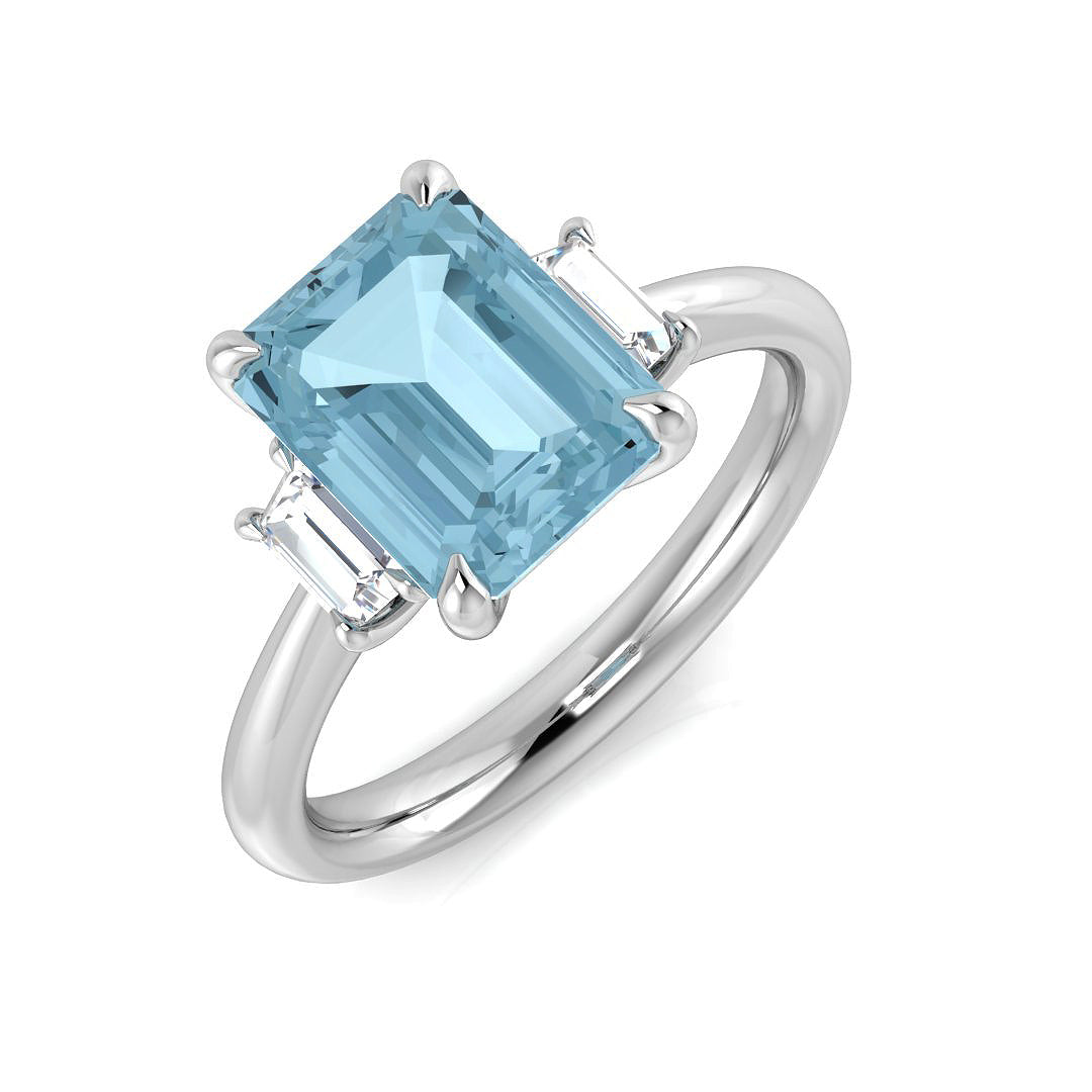 Emerald Cut Aquamarine Three Stone Ring with Baguette Diamonds in 10K/14K gold and platinum with certified lab-grown or natural diamonds