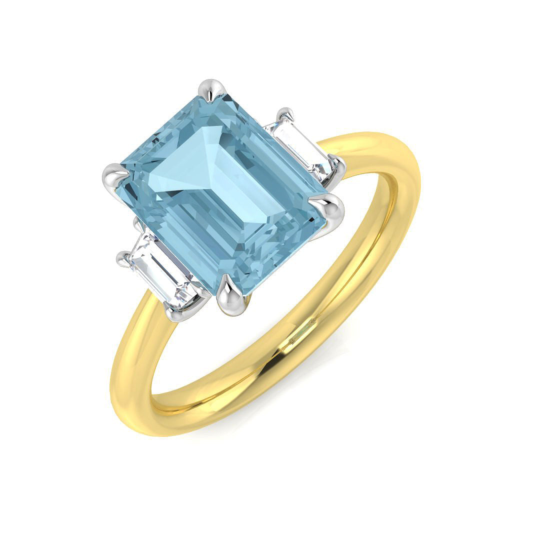 Emerald Cut Aquamarine Three Stone Ring with Baguette Diamonds in 10K/14K gold and platinum with certified lab-grown or natural diamonds