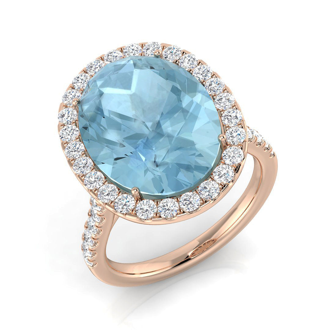 Oval Cut Aquamarine Cocktail Ring with Pave Diamonds - UK Made in 10K/14K gold and platinum with certified lab-grown or natural diamonds