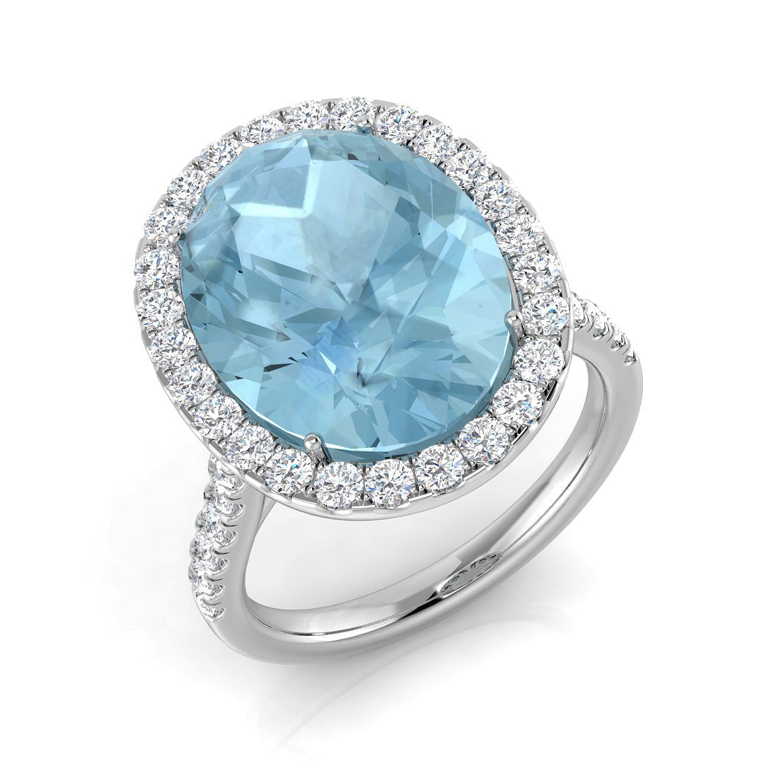Oval Cut Aquamarine Cocktail Ring with Pave Diamonds - UK Made in 10K/14K gold and platinum with certified lab-grown or natural diamonds