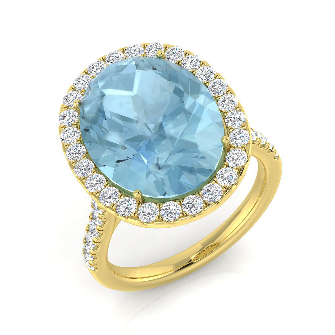 Oval Cut Aquamarine Cocktail Ring with Pave Diamonds - UK Made in 10K/14K gold and platinum with certified lab-grown or natural diamonds
