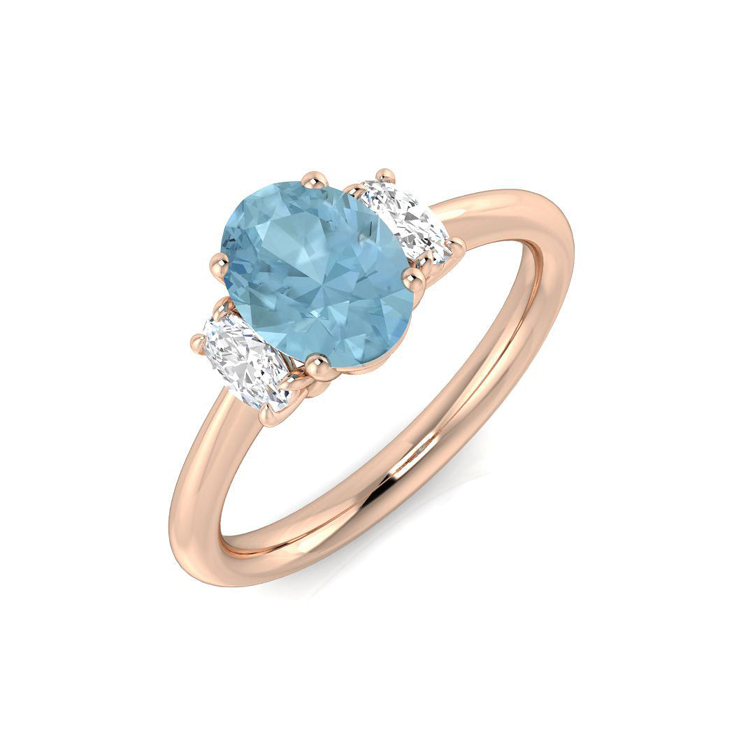 Oval Cut Aquamarine Trilogy Ring with Natural Diamond Side Stones in 10K/14K gold and platinum with certified lab-grown or natural diamonds