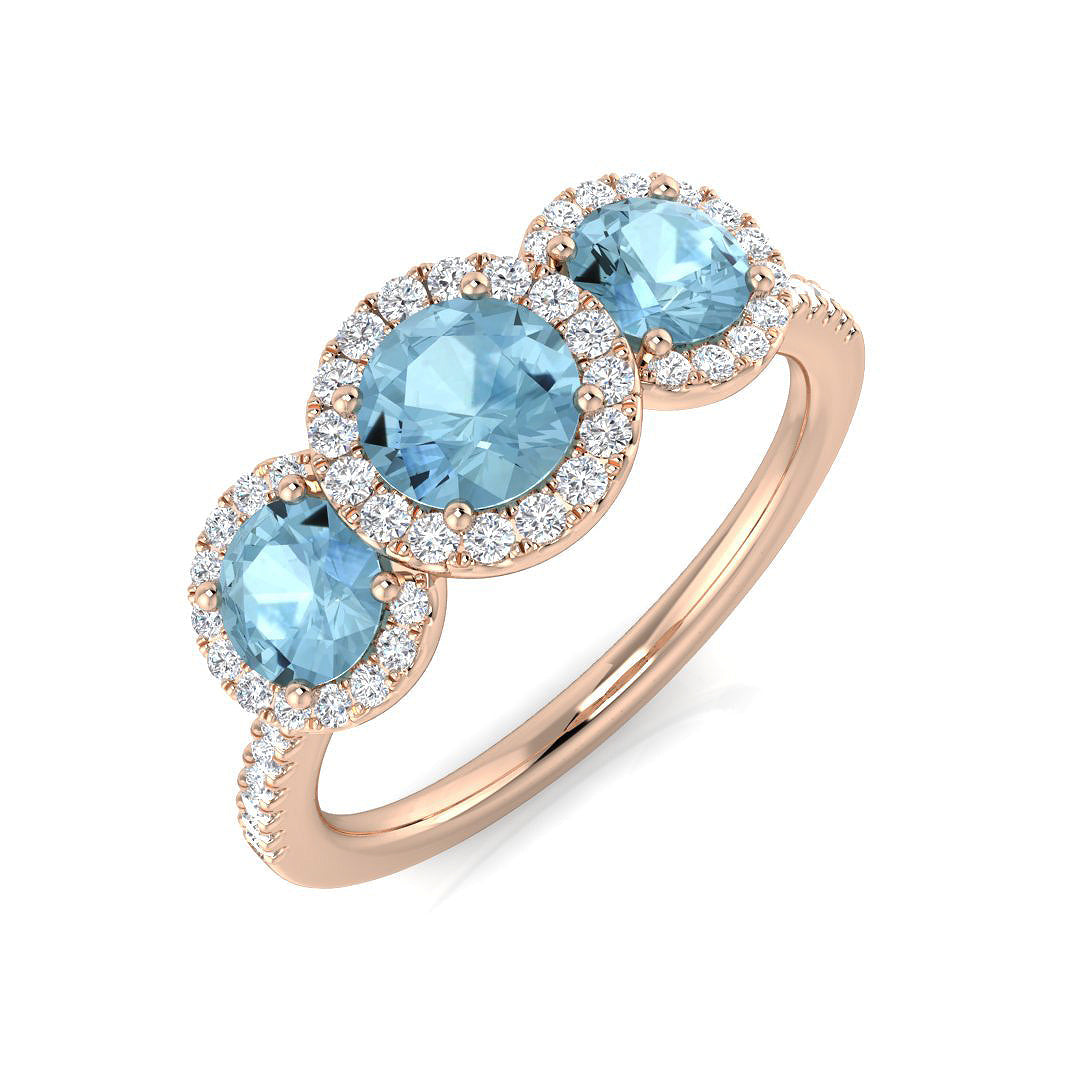 Round Cut Aquamarine Trilogy Ring with Natural Diamonds in 10K/14K gold and platinum with certified lab-grown or natural diamonds