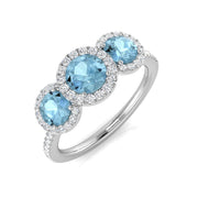 Round Cut Aquamarine Trilogy Ring with Natural Diamonds in 10K/14K gold and platinum with certified lab-grown or natural diamonds