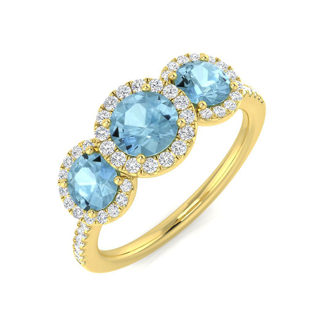 Round Cut Aquamarine Trilogy Ring with Natural Diamonds in 10K/14K gold and platinum with certified lab-grown or natural diamonds