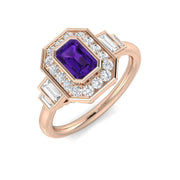 Amethyst Emerald Cut Halo Ring with Side Round & Baguette Diamonds in 10K/14K gold and platinum with certified lab-grown or natural diamonds