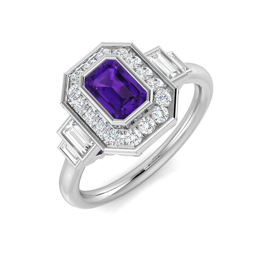 Amethyst Emerald Cut Halo Ring with Side Round & Baguette Diamonds in 10K/14K gold and platinum with certified lab-grown or natural diamonds