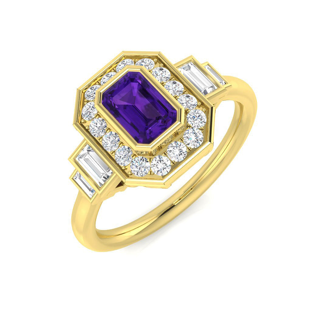 Amethyst Emerald Cut Halo Ring with Side Round & Baguette Diamonds in 10K/14K gold and platinum with certified lab-grown or natural diamonds