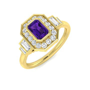 Amethyst Emerald Cut Halo Ring with Side Round & Baguette Diamonds in 10K/14K gold and platinum with certified lab-grown or natural diamonds
