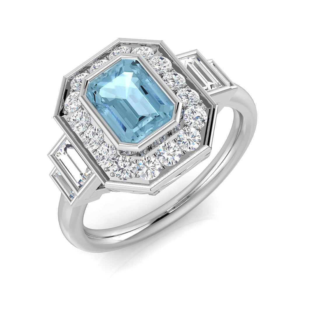 Emerald Cut Aquamarine Ring with Diamond Side Stones - Fine Jewellery in 10K/14K gold and platinum with certified lab-grown or natural diamonds