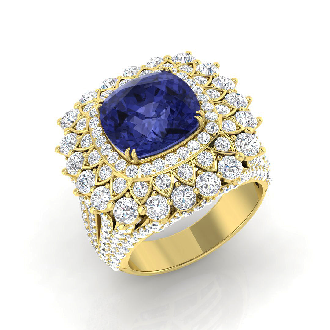 Cushion Tanzanite Diamond Cocktail Ring in 10K/14K gold and platinum with certified lab-grown or natural diamonds