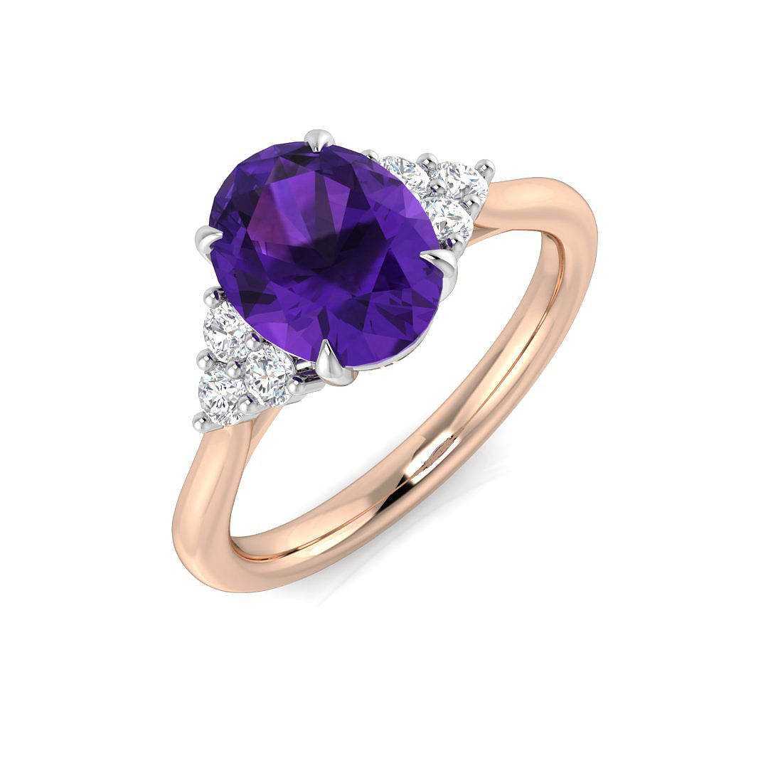 Oval Cut Amethyst Ring with Natural Pave Diamonds in 10K/14K gold and platinum with certified lab-grown or natural diamonds