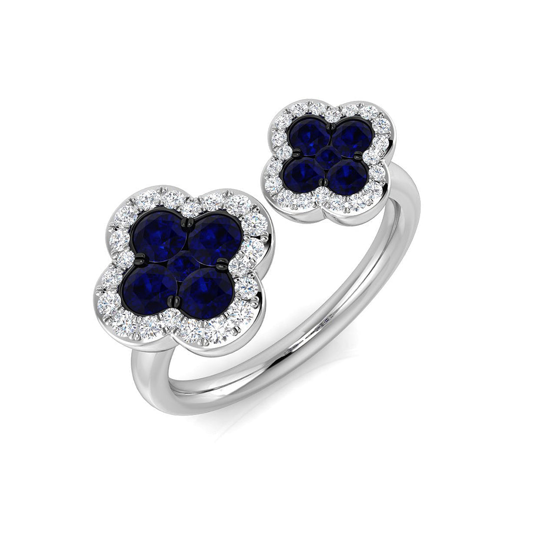 Blue Sapphire Clover Diamond Open Ring in 10K/14K gold and platinum with certified lab-grown or natural diamonds