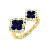 Blue Sapphire Clover Diamond Open Ring in 10K/14K gold and platinum with certified lab-grown or natural diamonds