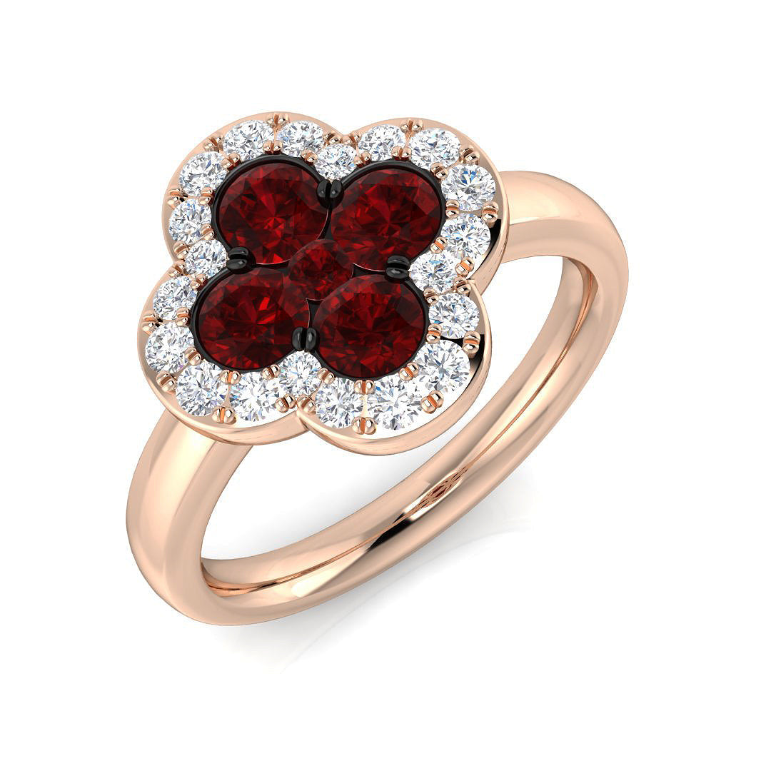 Ruby Clover Ring with Diamond Halo Four Leaf Design in 10K/14K gold and platinum with certified lab-grown or natural diamonds