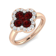 Ruby Clover Ring with Diamond Halo Four Leaf Design in 10K/14K gold and platinum with certified lab-grown or natural diamonds