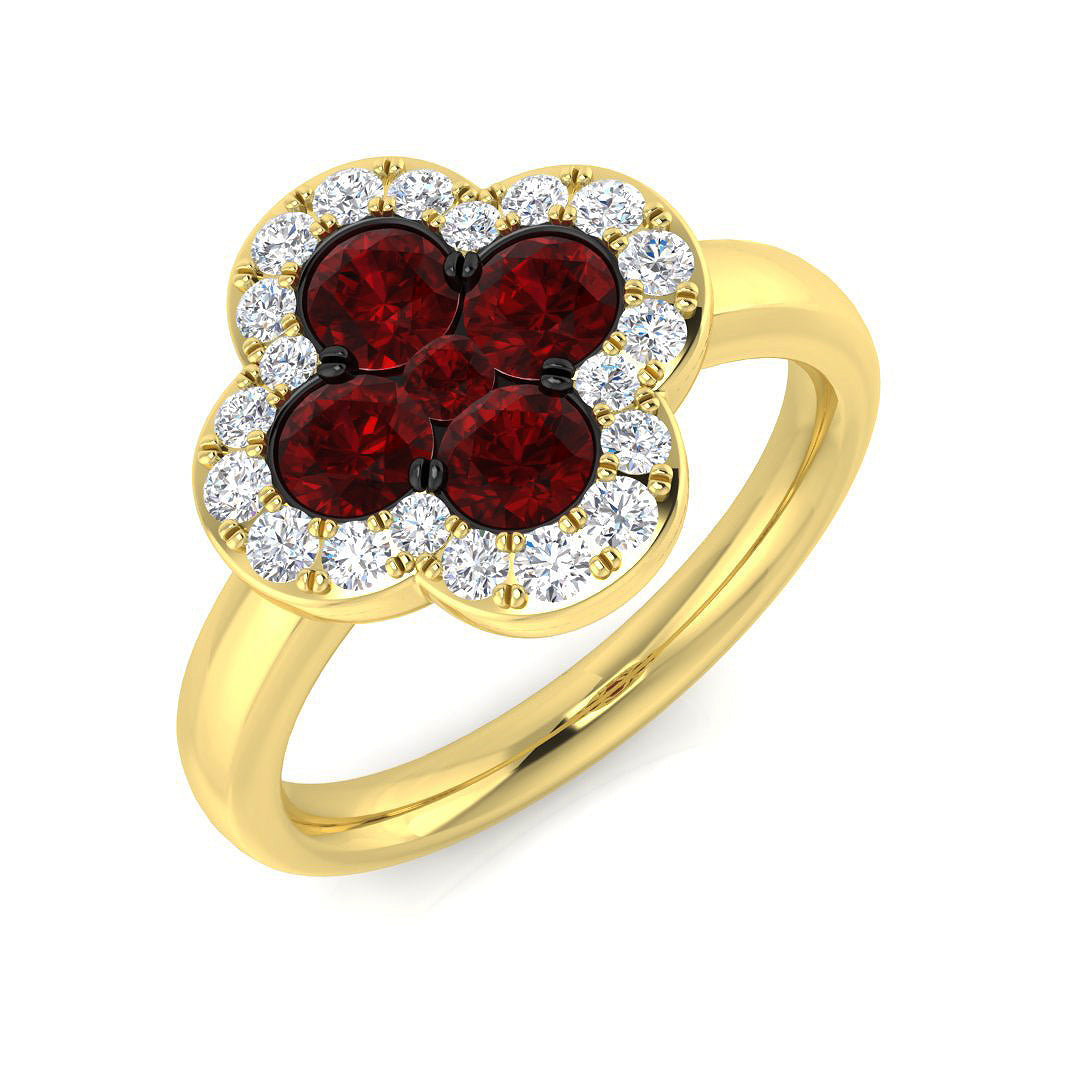 Ruby Clover Ring with Diamond Halo Four Leaf Design in 10K/14K gold and platinum with certified lab-grown or natural diamonds