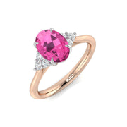 Pink Sapphire Ring Oval Cut with Diamond Side Stones in 10K/14K gold and platinum with certified lab-grown or natural diamonds