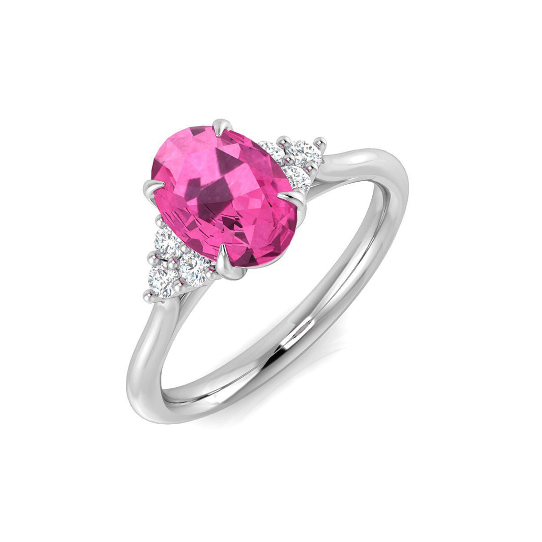 Pink Sapphire Ring Oval Cut with Diamond Side Stones in 10K/14K gold and platinum with certified lab-grown or natural diamonds