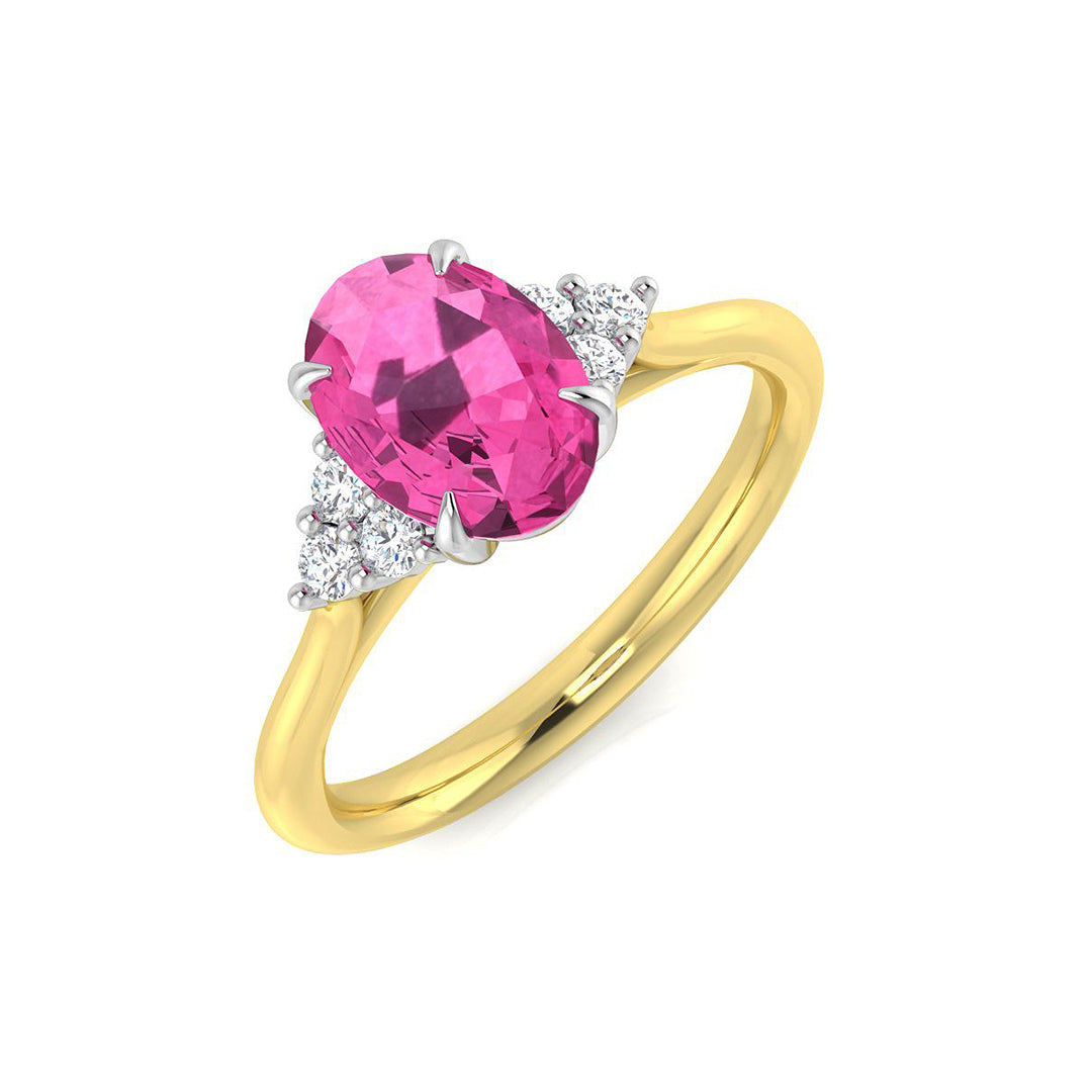 Pink Sapphire Ring Oval Cut with Diamond Side Stones in 10K/14K gold and platinum with certified lab-grown or natural diamonds