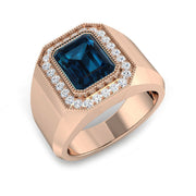 London Blue Topaz Signet Halo Ring with Pave Diamonds in 10K/14K gold and platinum with certified lab-grown or natural diamonds