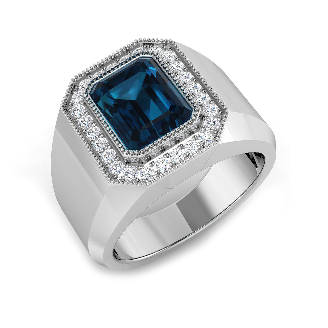 London Blue Topaz Signet Halo Ring with Pave Diamonds in 10K/14K gold and platinum with certified lab-grown or natural diamonds