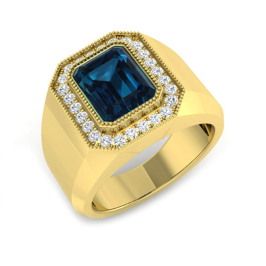 London Blue Topaz Signet Halo Ring with Pave Diamonds in 10K/14K gold and platinum with certified lab-grown or natural diamonds